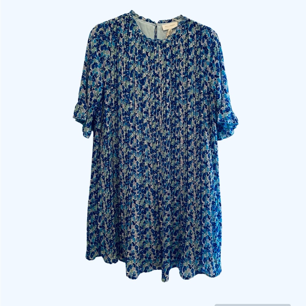 Melloday short sleeve mini ruffle neck blue floral dress medium NWT